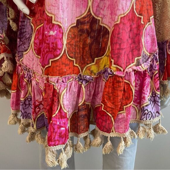 TOLANI COLLECTION Pink Sparkly Boho Tassel Fringe Oversized Poncho Tunic Blouse - Picture 10 of 13